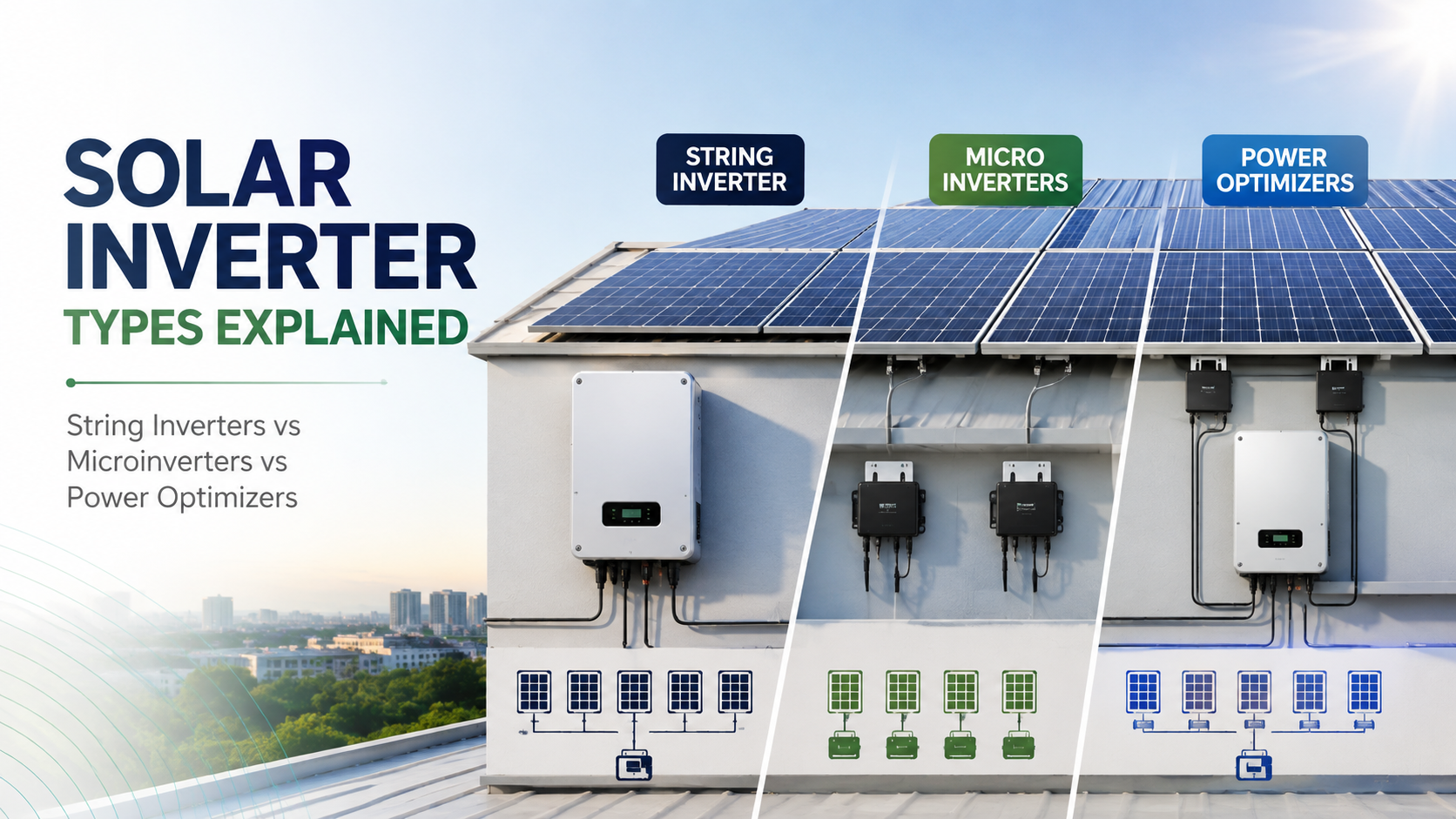 Solar inverter types comparison showing string inverter, microinverters, and power optimizers used in residential rooftop solar systems